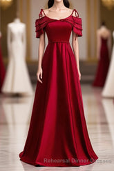 Burgundy Satin Beads Long Semi Formal Prom Dress, Burgundy Evening Dress